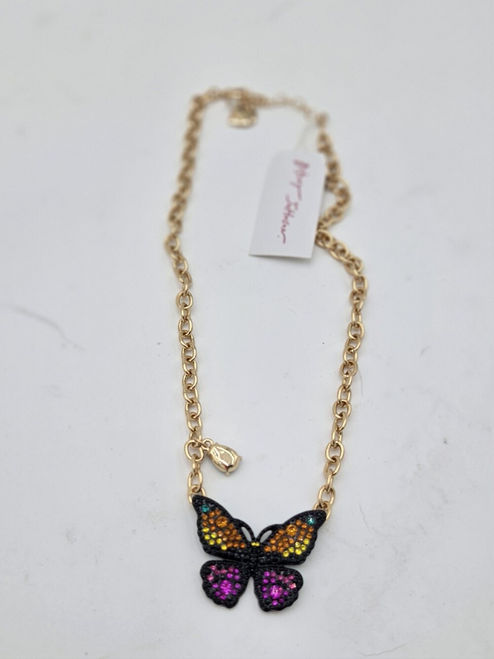 Betsey Johnson Gold Tone Chain Butterfly Necklace with Multicolor Crystal Wings